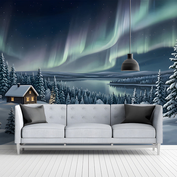 A relaxing living room corner with a sweeping snowy forest and northern lights feature wall mural.