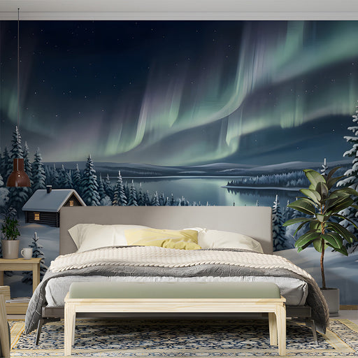 A cozy bedroom wall featuring a glowing cabin in a snowy landscape mural under the aurora borealis.