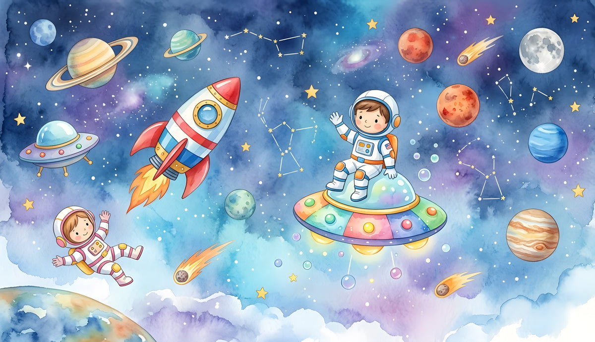 Watercolor space mural featuring friendly astronauts, planets, and a rocket ship on an indigo cosmic background.