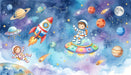 Watercolor space mural featuring friendly astronauts, planets, and a rocket ship on an indigo cosmic background.