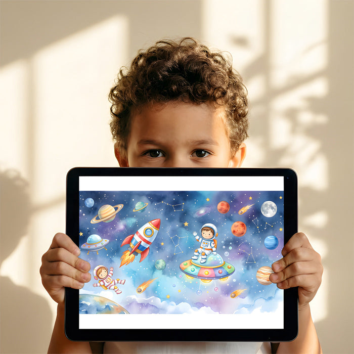 A bright playroom decorated with a whimsical outer space wallpaper mural for kids.
