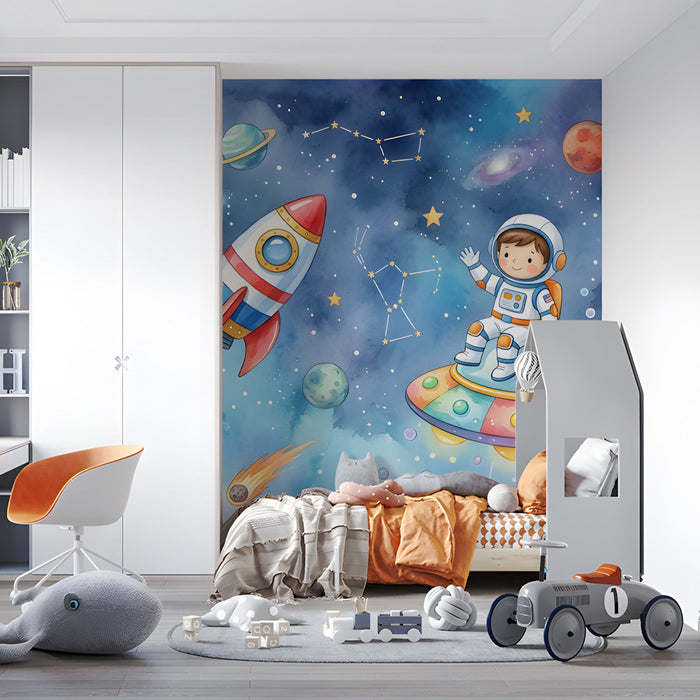 A creative nursery design featuring a dreamy celestial mural with planets and stars.