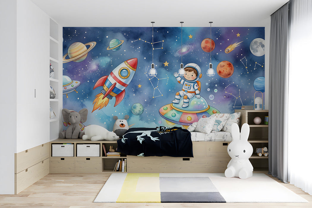 Children's bedroom interior featuring a colorful space exploration mural on the main wall.
