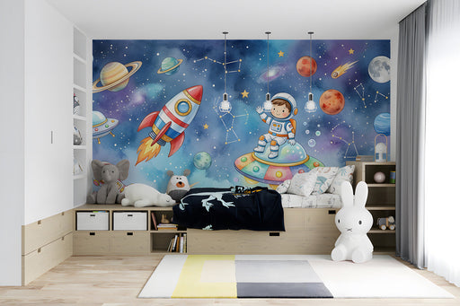 Children's bedroom interior featuring a colorful space exploration mural on the main wall.