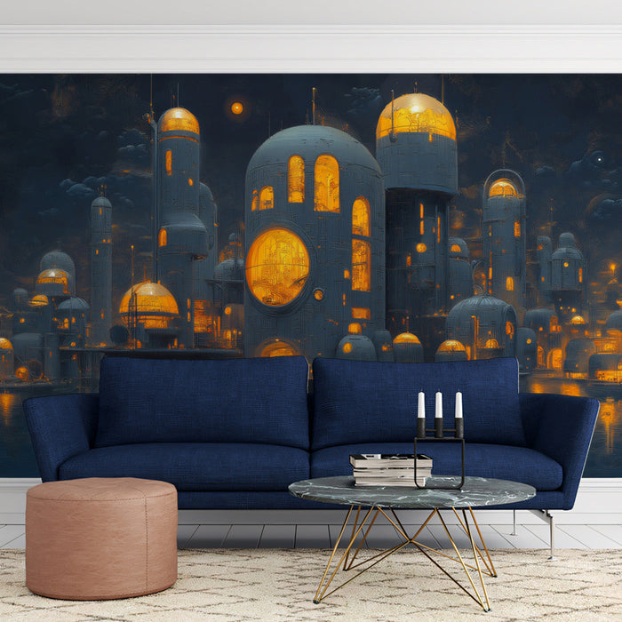Subterranean Lunar City Mural Wallpaper | Blue, Orange, Gray