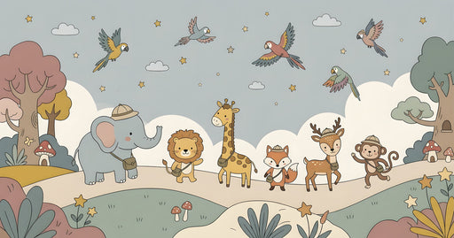 Whimsical safari animal mural with elephant, giraffe, and lion in soft sage, ochre, and dusty rose colors.