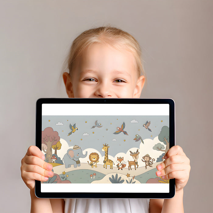 Playroom interior decorated with a playful jungle animal scene and soft minimalist furniture.