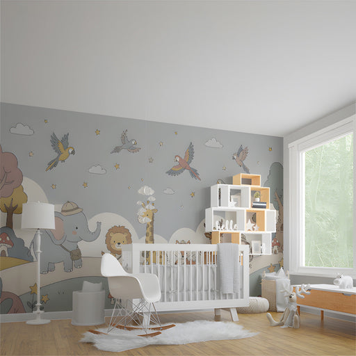 Nursery room wall featuring cute safari animal wallpaper in soft muted tones.