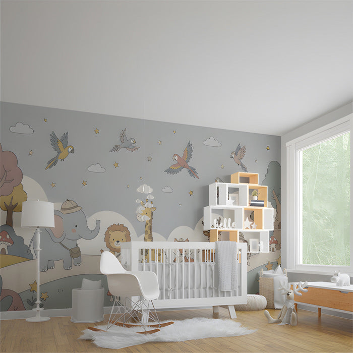 Nursery room wall featuring cute safari animal wallpaper in soft muted tones.