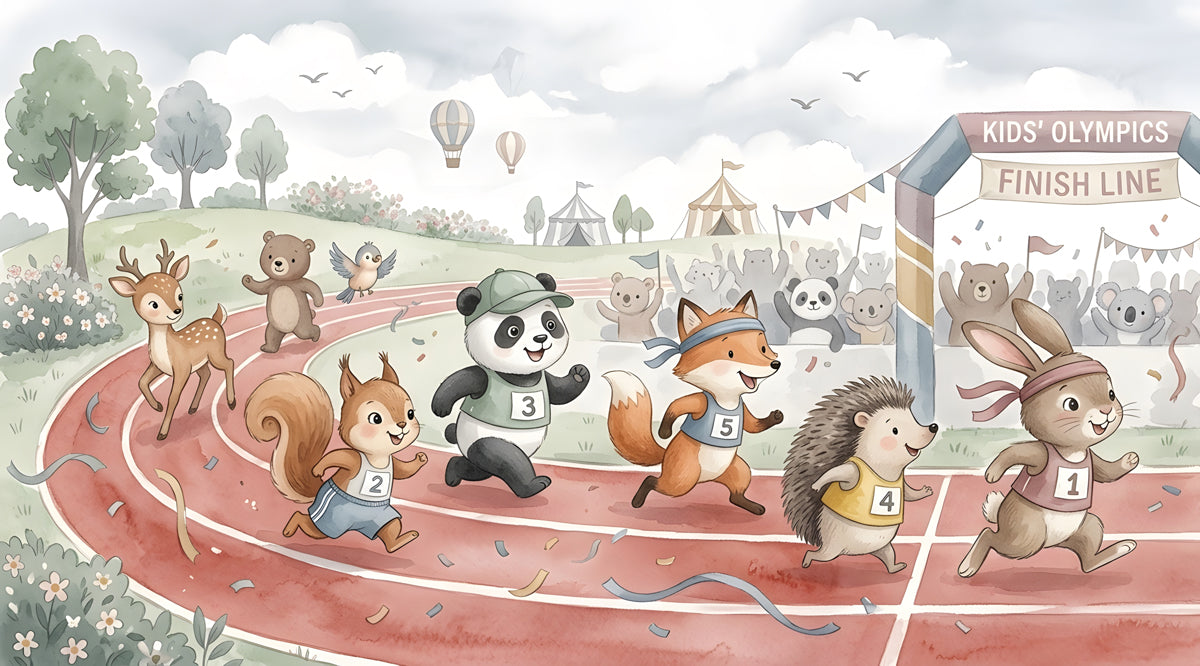 Watercolor mural of forest animals racing on a track under a Kids' Olympics finish line.