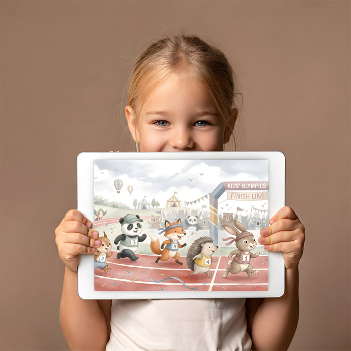 Playful animal racing mural as a feature wall in a sunny kids' playroom.