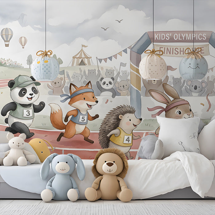 Forest animals olympics theme wallpaper in a charming nursery design.
