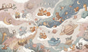 Whimsical illustration of forest animals, planets, and stars in soft pastel colors like rose, blue, and sand.