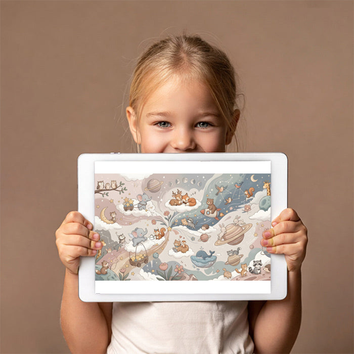 A bright child's bedroom with a celestial animal wall mural above a twin bed and wooden desk.