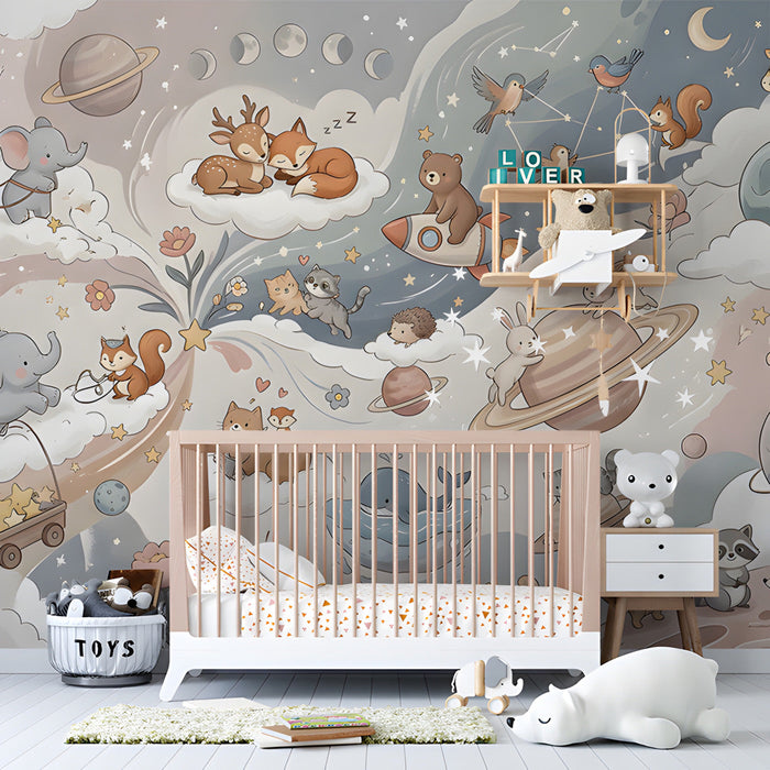 A playful bedroom area decorated with a dreamy space and animal-themed mural for kids.