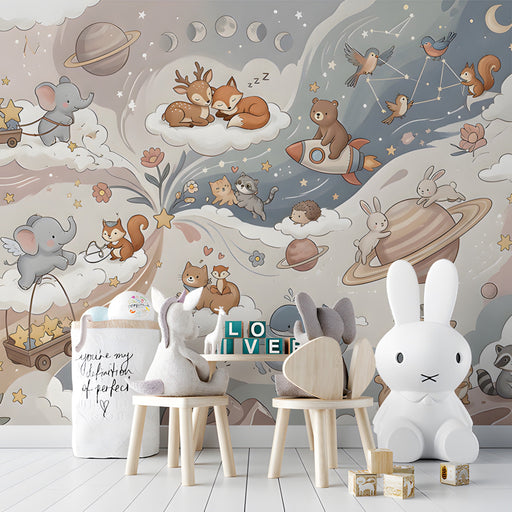 A cozy nursery featuring a woodland animal mural on the main wall behind a white crib.