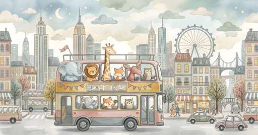 A watercolor mural of a city street with a double-decker bus full of animals like lions, giraffes, and elephants.
