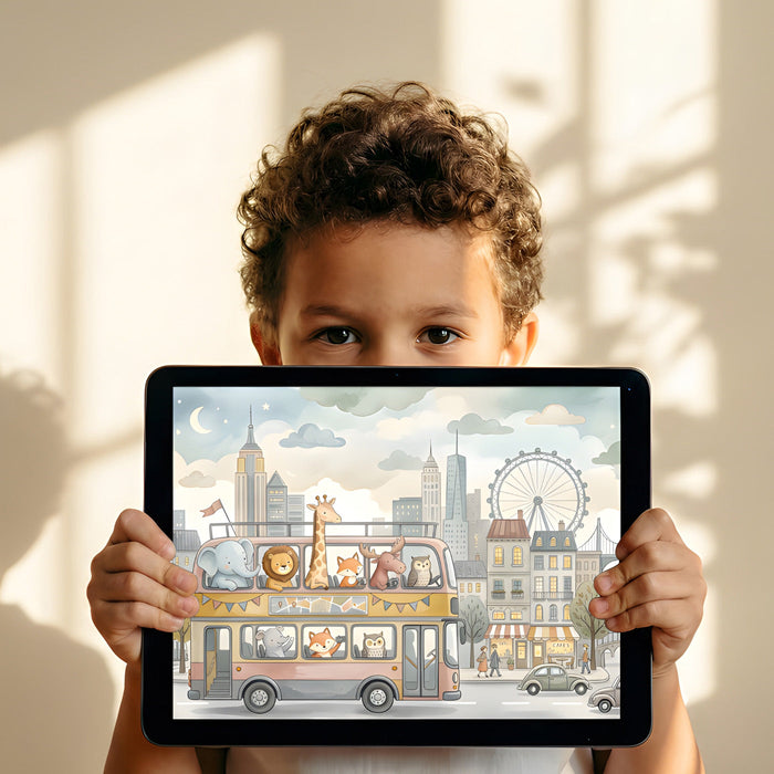 A playful playroom wall decorated with a watercolor animal bus city mural and colorful floor mats.