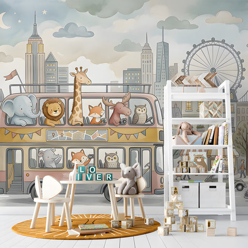 A child's playroom wall featuring a soft-toned safari bus mural beside a wooden bookshelf.