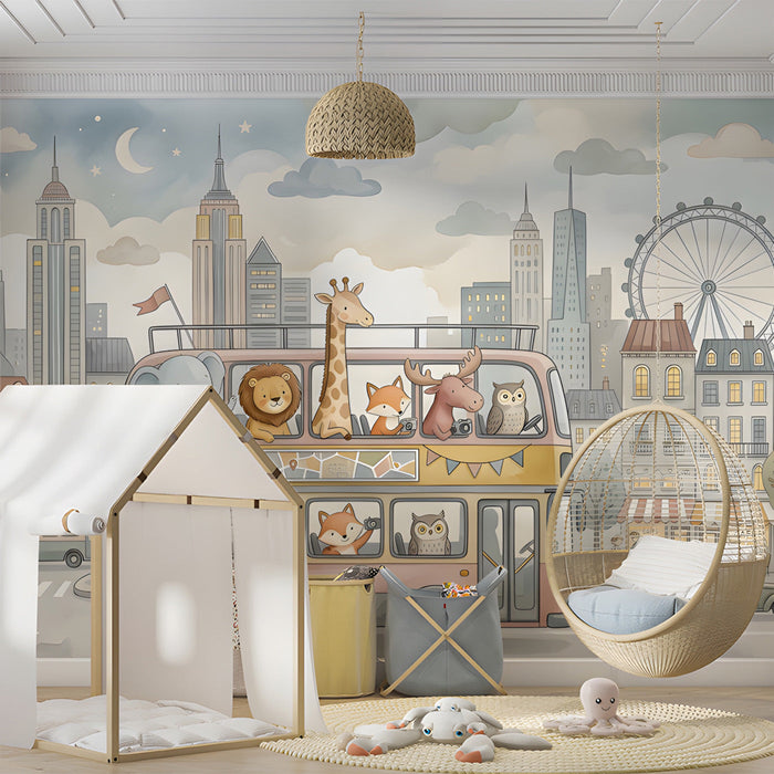 A cozy nursery featuring a whimsical city animal mural on the main wall with a white crib.