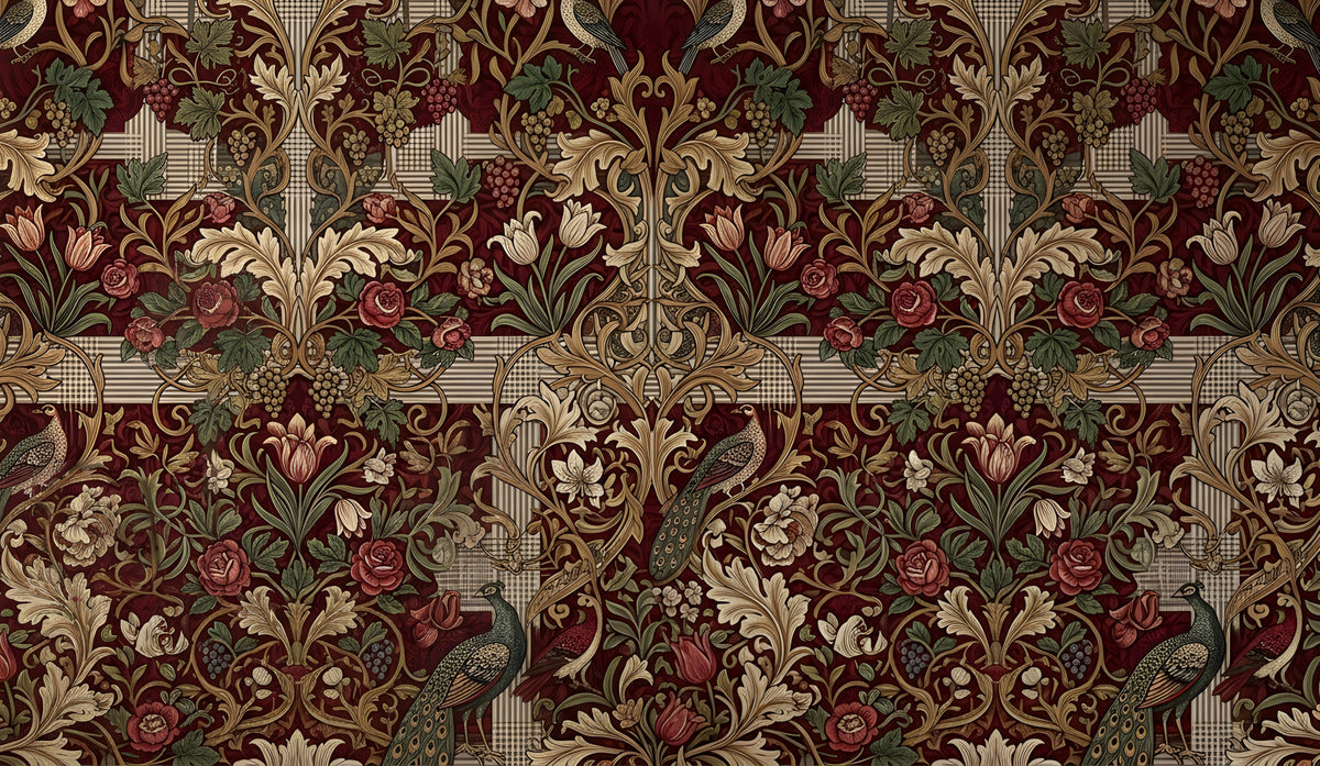 Victorian botanical wallpaper with burgundy background, peacocks, roses, and gold acanthus leaves