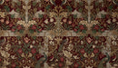 Victorian botanical wallpaper with burgundy background, peacocks, roses, and gold acanthus leaves