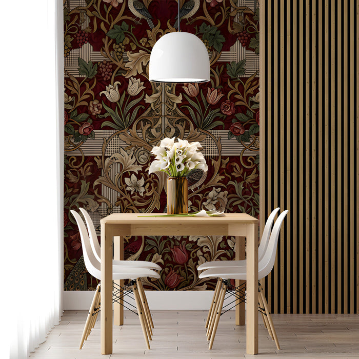 Elegant dining room wall mural with vintage floral peacock pattern and velvet decor