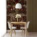Elegant dining room wall mural with vintage floral peacock pattern and velvet decor