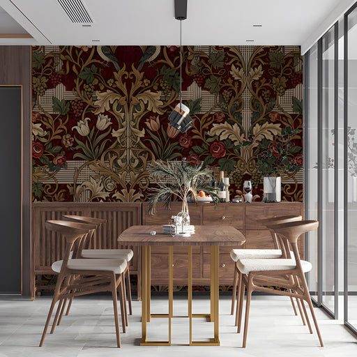Moody dining room with Victorian peacock wallpaper, dark wooden table, and brass lighting