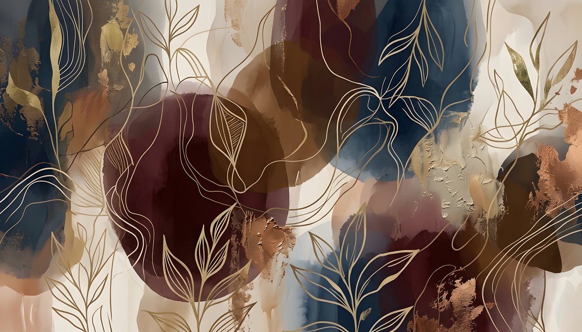 Abstract botanical wallpaper with deep burgundy, navy, and cream watercolor splashes overlaid with fine gold leaf line art.