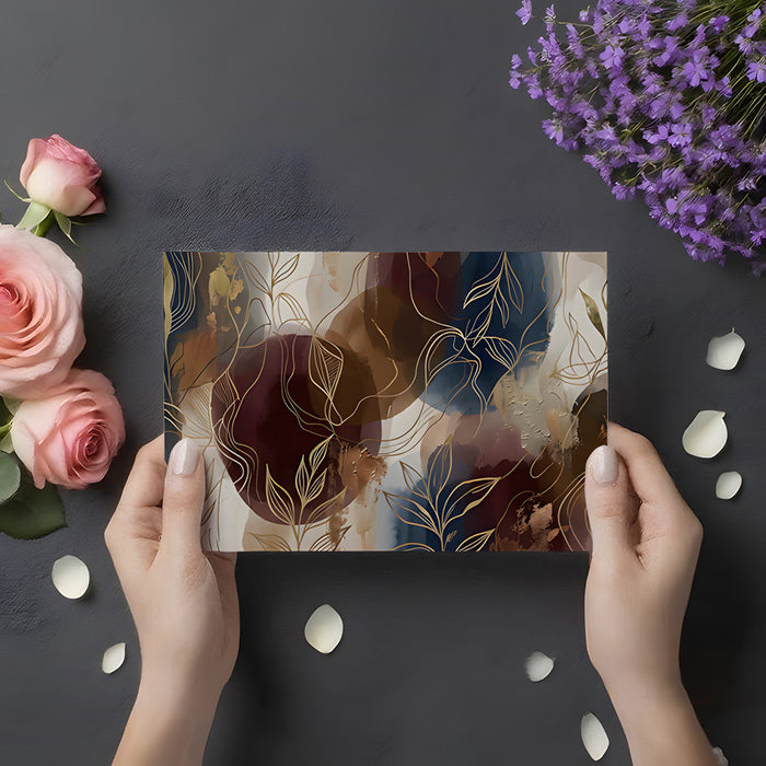 Modern bedroom wall mural featuring fluid watercolor shapes and gold botanical line art.