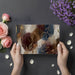 Modern bedroom wall mural featuring fluid watercolor shapes and gold botanical line art.