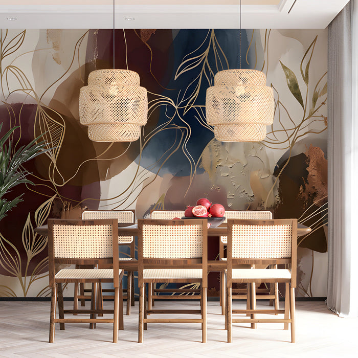 Elegant dining room wall mural with moody, artistic botanical patterns in warm earth tones.