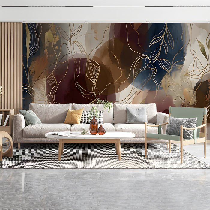 Sophisticated living room feature wall decorated with abstract burgundy and navy botanical wallpaper.