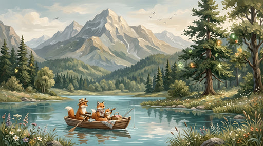 Oil painting style mountain landscape with a family of foxes in a boat on a lake surrounded by pine trees and wildflowers.