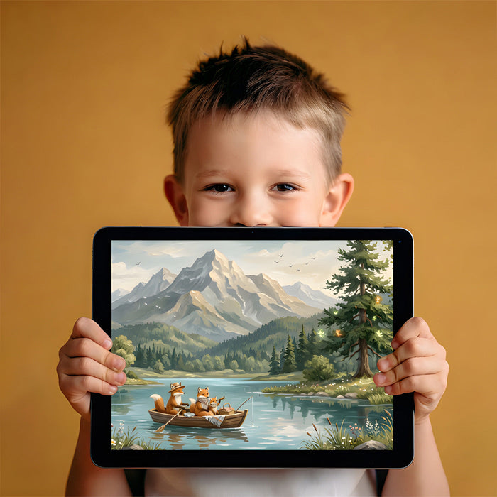 Playroom wall mural featuring an alpine lake scene with foxes to create an engaging space for children.