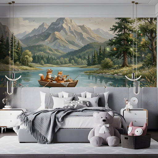A cozy child bedroom featuring an illustrated forest and mountain mural as a primary decorative wall.