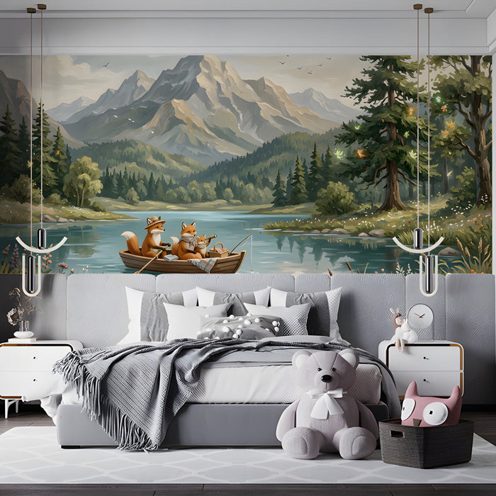 A cozy child bedroom featuring an illustrated forest and mountain mural as a primary decorative wall.