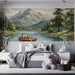 A cozy child bedroom featuring an illustrated forest and mountain mural as a primary decorative wall.