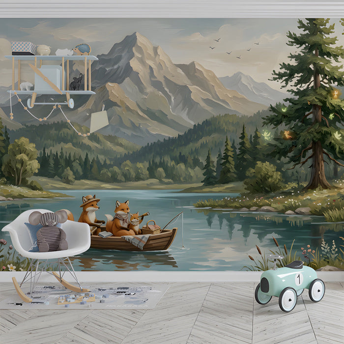 Whimsical fox family mural installed on a large playroom wall behind a wooden crib with neutral nursery decor.