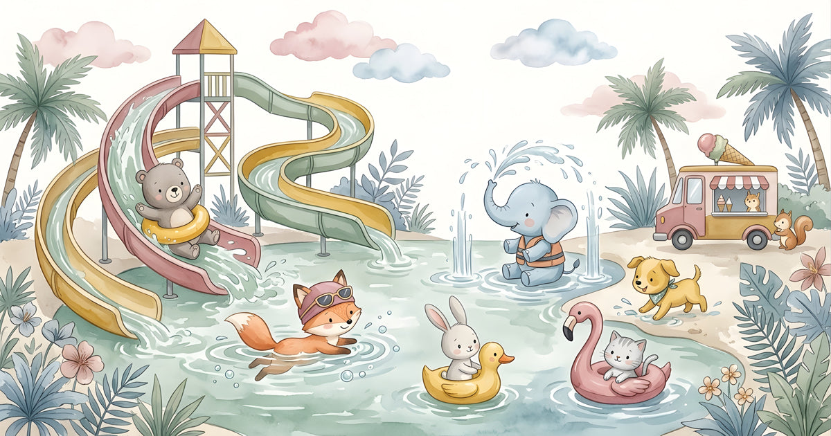 Watercolor illustration of animals at a waterpark with slides and an ice cream truck
