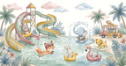 Watercolor illustration of animals at a waterpark with slides and an ice cream truck