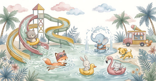 Watercolor illustration of animals at a waterpark with slides and an ice cream truck