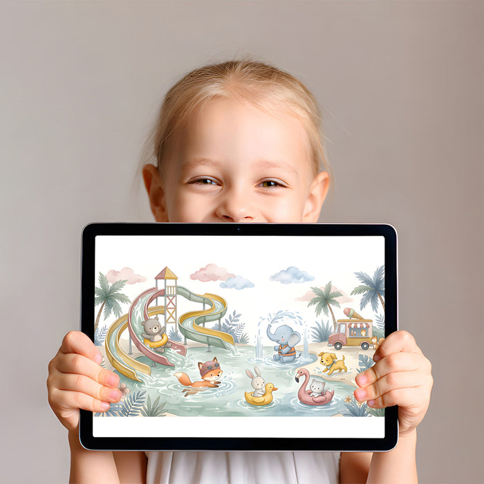 Kids playroom wall decorated with a colorful summer animal waterpark scene