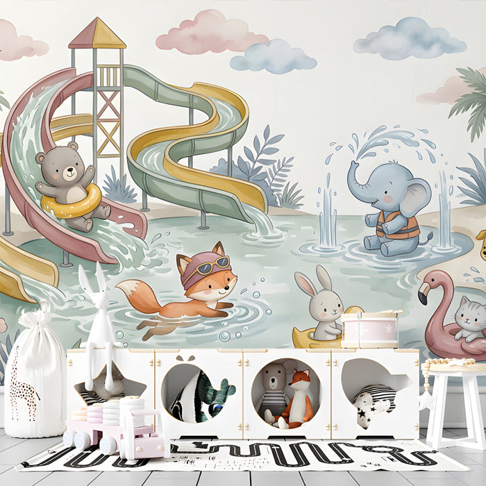 Whimsical nursery mural showcasing cute animals swimming on a sunny day