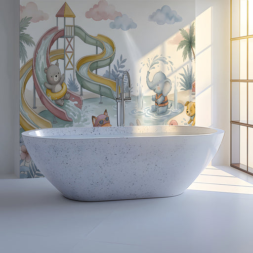 Bathroom featuring a friendly animal waterpark wallpaper mural