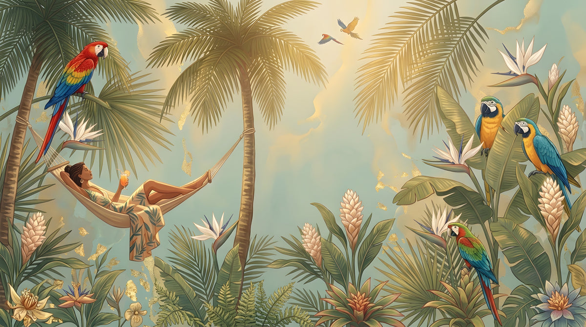 A lush tropical mural featuring a woman in a hammock, vibrant parrots, palm trees, and birds of paradise flowers.