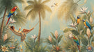 A lush tropical mural featuring a woman in a hammock, vibrant parrots, palm trees, and birds of paradise flowers.
