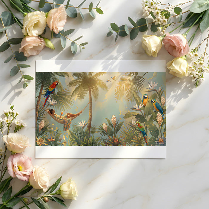 A sun-drenched sunroom featuring a vibrant jungle-themed parrot wallpaper mural.