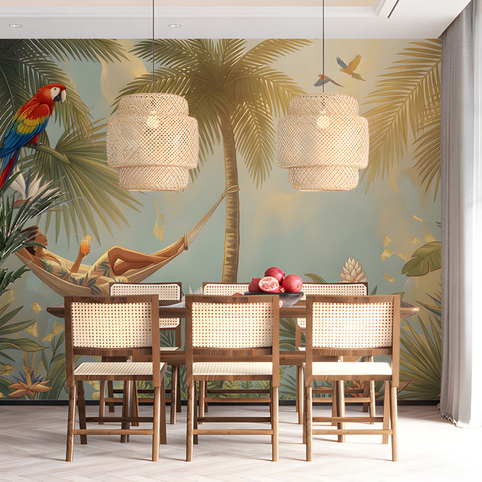 A creative dining room decorated with an exotic tropical bird and palm tree mural.